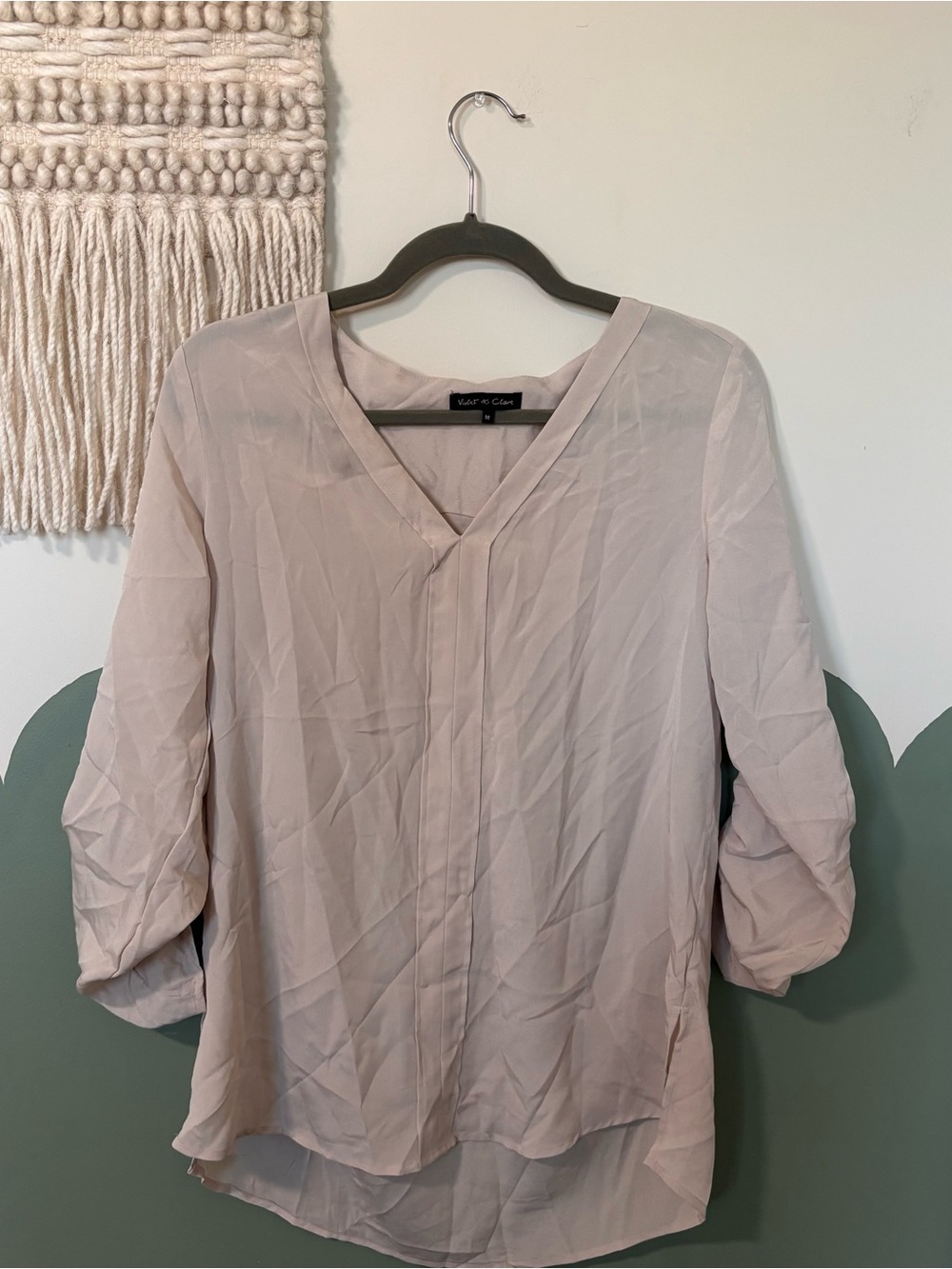 Violet & Claire Beige V-Neck Roll-Sleeve Blouse